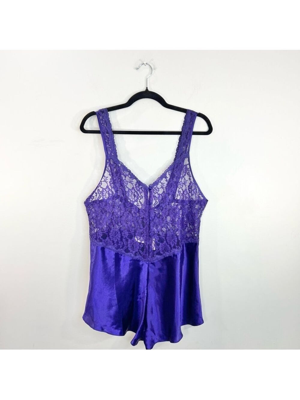 Vintage 80s 90s purple satin sheer lace bodice romper teddy negligee lingerie L - Picture 6 of 15